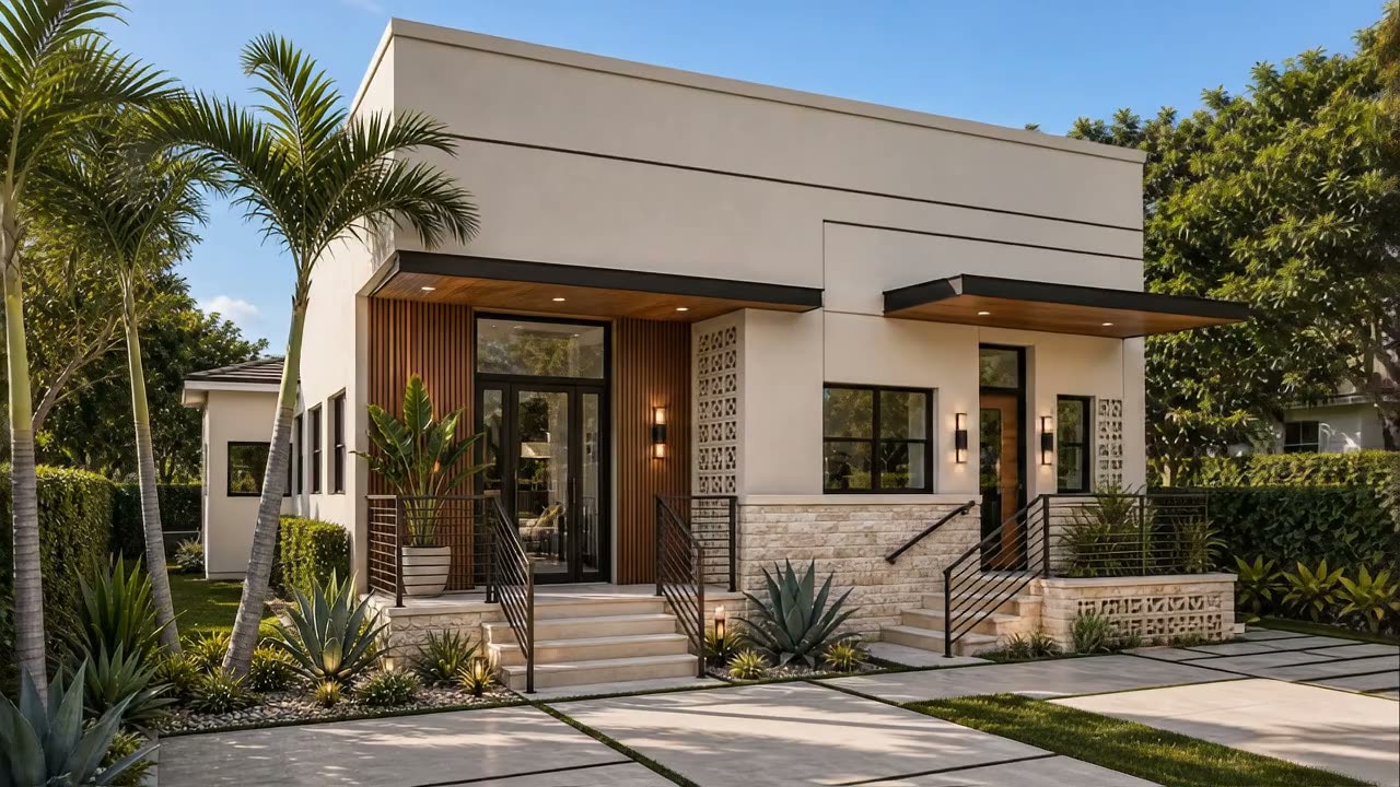 Render of the finished streetfront in cream stucco with wood slat screening and travertine.