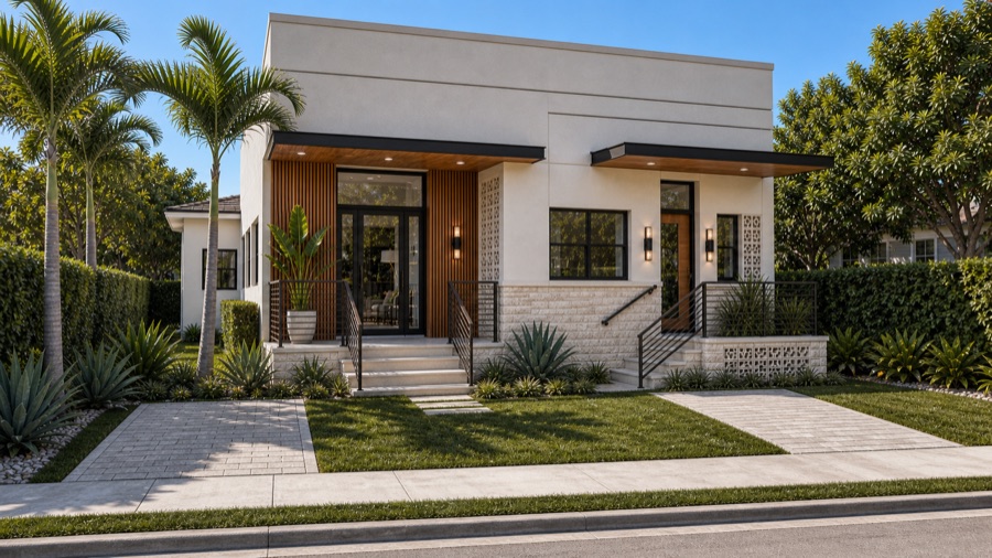 Architectural render of the finished CPR streetfront — white stucco, wood slats, and travertine under Miami light.
