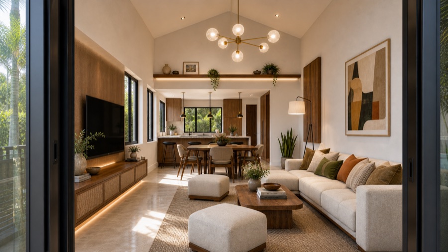 Architectural render of the finished living space — walnut, a brass chandelier, and a vaulted ceiling in warm light.